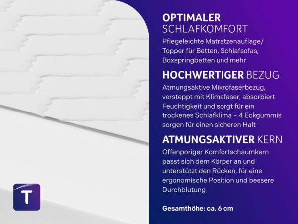 Traumnacht orthopädischer Matratzentopper, mit einem bequemem Komfortschaumkern, Öko-Tex zertifiziert, 140x200 cm, produziert nach deutschem Qualitätsstandard Bild 3