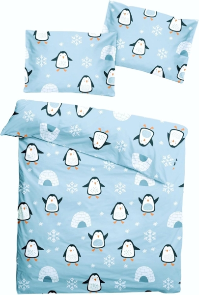 JACK Babybettwäsche 100x135cm Pinguin Iglu Nordpol Blau, Biber, 2 teilig, süßes Kindermotiv mit Pinguinen, mit Reißverschluss