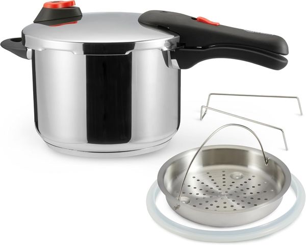 Amazon Basics Schnellkochtopf aus Edelstahl - mit Dampfgarer, induktionsgeeignet - 6 Liter, Silber