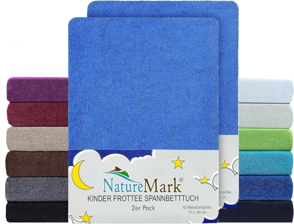 NatureMark Spannbettlaken Frottee Spannbettlaken, 80% Baumwolle / 20% Polyester, Gummizug: rundum, (2 Stück), 2er Set Kinder Spannbettlaken Frottee, Spannbetttuch 80% Baumwolle / 20% Polyester, für Babybett und Kinderbett, 70x140 cm - Royal blau