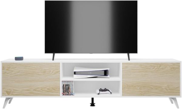 Homey TV-Möbel im nordischen Design, 2 Aufbewahrungsfächer und 2 Türen, geeignet für Fernseher bis zu 77 Zoll, Holz, Weiß-Schwarz, 49 cm (Höhe) x 180 cm (Breite) x 40 cm (Tiefe)