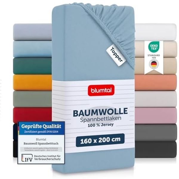 Blumtal® Baumwolle Spannbettlaken für Topper 160x200 cm Basics Jersey - Bettlaken 160x200 cm - Oeko-TEX zertifiziertes Spannbetttuch 160x200 - Topper Spannleintuch 160x200 - Betttuch - Dusk Blue