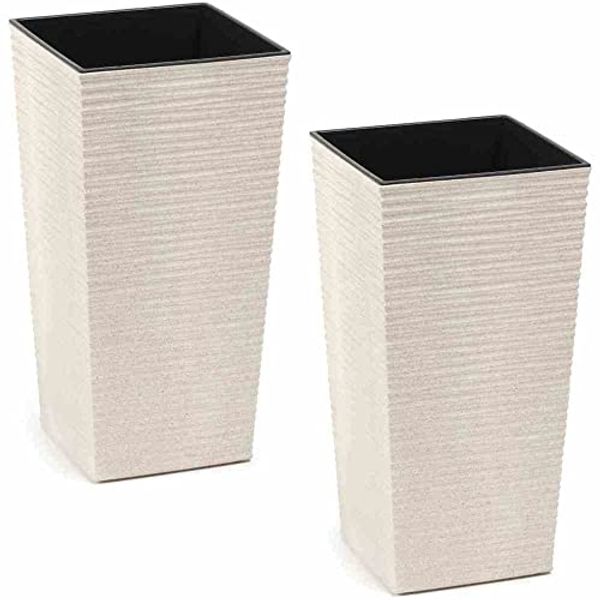 2× Pflanzgefäß Nizza weiß – Kunststoff mit bis zu 40 % Holzfaseranteil, Rillenoptik, inkl. schwarzem Einsatz, wetterfest & dekorativ, ideal für Balkon, Terrasse & Innenbereiche (25×25×46,5 cm)
