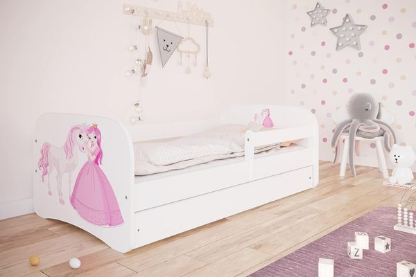 Kocot Kids 'Prinzessin und Pferd' Einzelbett weiß 70x140 cm inkl. Rausfallschutz, Matratze, Schublade und Lattenrost
