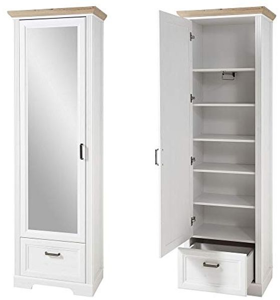Lomadox Garderobenschrank JÜLICH-36 Landhaus mit Spiegeltür in Pinie weiß mit Artisan Eiche 65/204/41 cm