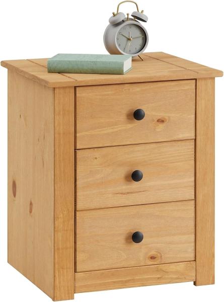 CARO-Möbel Nachtkommode CANCUN, Nachttisch mit 3 Schubladen aus Kiefer Massivholz für Boxspringbett La