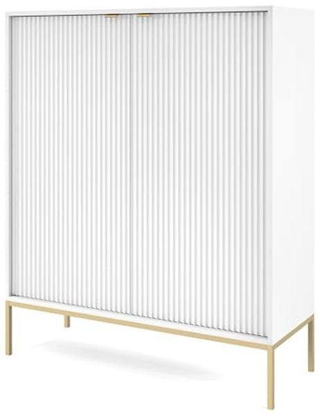 Selsey VELLORE - Hochkommode, Weiß mit geriffelten Fronten und goldenen Metallbeinen, 104 cm