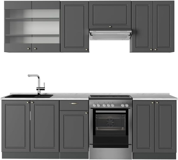 Küchenzeile Fame-Line Anthrazit-Gold Landhaus 240 cm , AP Marmor Vicco