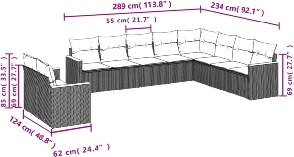 vidaXL 10-tlg. Garten-Sofagarnitur mit Kissen Grau Poly Rattan 3258518 Bild 3