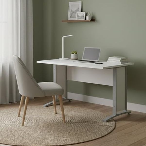 Dmora - Schreibtisch Albertine, Mehrzweckschreibtisch, Bürotisch für PC, Eckschreibtisch, 120x80 h75 cm, Weiß und Grau