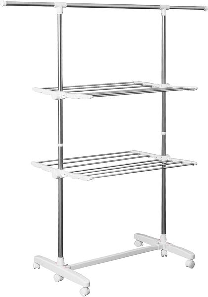 HOMCOM Wäscheständer Klappbarer Trockengestell mit 3 Ebenen, Stahl Weiß 83-136,5 x 55 x 154 cm