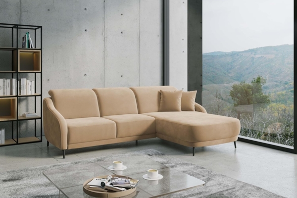 CAVADORE Ecksofa Blue/Moderne Eckcouch mit Longchair, inklusiv Kopfteilverstellung, Vorziehsitz motorisch und mattschwarzen Metallfüßen / 271 x 93 x 191 / Mikrofaser, Hellbraun Bild 2