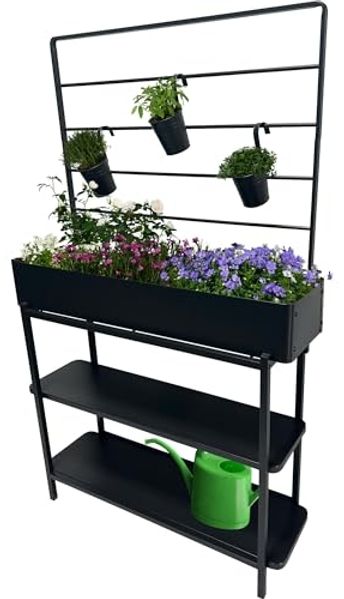 dobar® Metall-Hochbeet mit Rankgitter und 3 Hängetöpfen – Pflanzregal aus pulverbeschichtetem Stahl mit 2 Ablagen – Pflanzkasten für Balkon, Terrasse und Garten – 94 x 30 x 155 cm - Anthrazit
