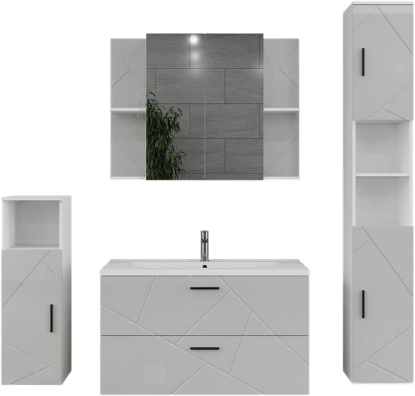 Badmöbel-Set Irma Weiß/Weiß Hochglanz 5 Teile Vicco