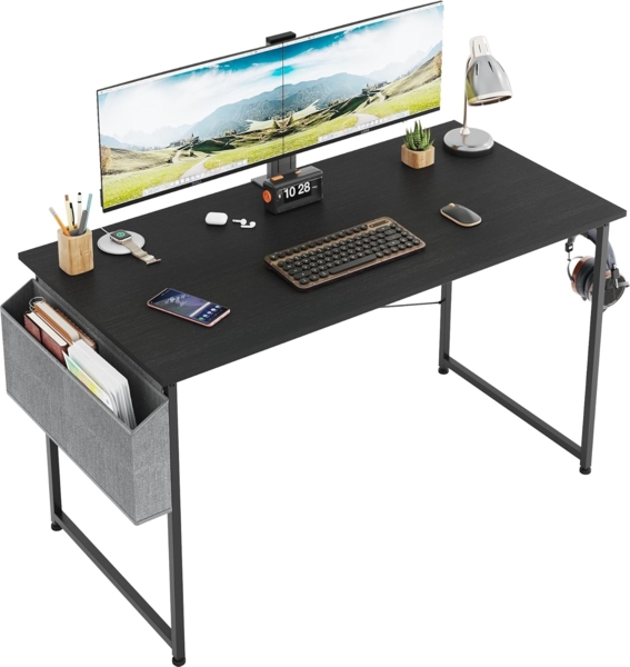 Schreibtisch, Computertisch mit Kopfhörer Halter und Aufbewahrungstasche, Stabil Arbeitstisch, Industrie-Design, PC Tisch, Kleiner Bürotisch Officetisch für Home, Office (Schwarz, 120 x 60 x 75 cm)