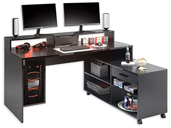 Highscore 3 Gaming Tisch in Schwarz - Gaming Schreibtisch mit Rollcontainer und LED-Beleuchtung - 160 x 92 x 70 cm (B/H/T)