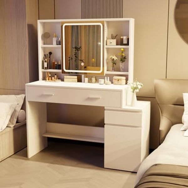 JUMMICO Schminktisch mit Spiegel, LED-Beleuchtung, einstellbare Helligkeit & Farbtemperaturen, Weiß, 117x40x140 cm