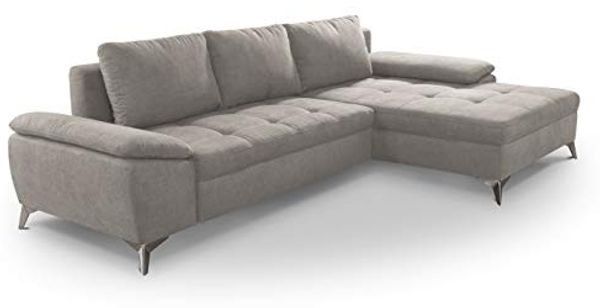 CAVADORE Schlafsofa Lina Ecksofa mit Schlaffunktion, Bettkasten, Longchair und Steppung im Sitz / 270 x 85 x 163 / Flachgewebe: Beige