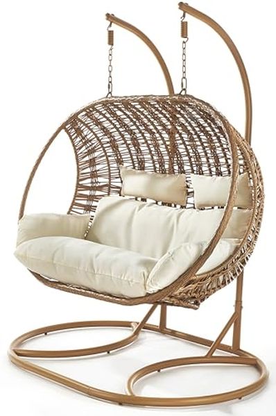 Kobolo Hängesessel Hängekorb MAKENA- Polyrattan braun für 2 Personen (1 Stück, mit Gestell), hochwertiges Polyrattan