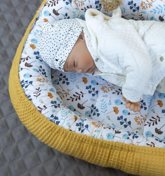 Loolay Bettnestchen Senfgelb WAFFELPIQUE/ BLUMEN Türkis Babynest Babyausstattung, (Reisebett Nestchen SOLO/ o. in PREMIUM Geschenk SETS für Neugeborene, 1-tlg, 4 Jahreszeiten ATMUNGSAKTIVER WAFFELSTOFF Bestseller GESCHENK), LOOLAY® - 100% Europäische S...