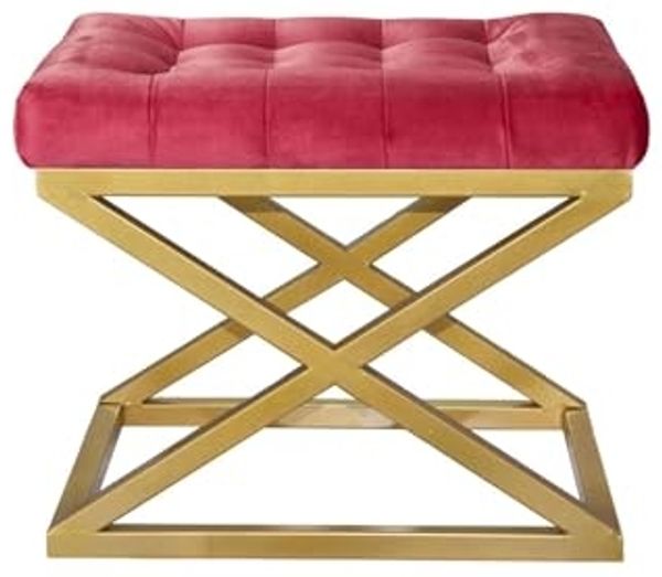 Atelier Del Sofa Stylish Pouffe with Metal Frame, 50 x 42 x 40 cm | 100% Polyester Babyface Fabric in Gold & Red | Perfect for Modern Living Rooms & Bedrooms