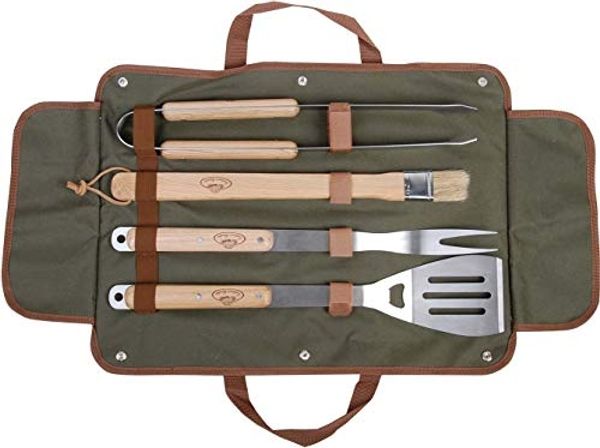 Esschert Design Grillbesteck-Set, 4-teilig, Edelstahl silber / Holz natur