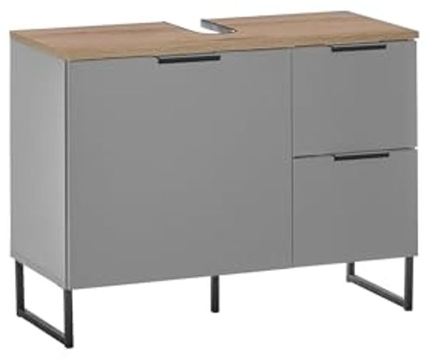 Waschbeckenunterschrank >Denver< 1 Tür, 2 Schübe, grau matt / evoke eiche - 80x60x35cm (BxHxT)