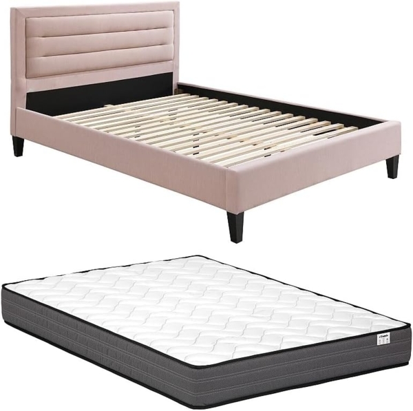 Vente-unique - Bett 120 x 190 cm mit gepolstertem Kopfteil + Matratze - Rosa - MACHUPIO