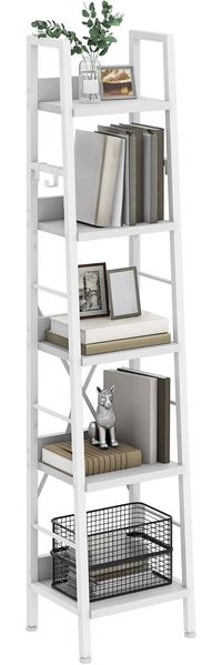 YITAHOME Bücherregal mit 5 Ebenen, industrielles Leiterregal, freistehendes Bücherregal, Holzregale und Metallrahmen, Bücherregal, modernes Regal für Wohnzimmer, Flur, Büro, reinweißes Bücherregal
