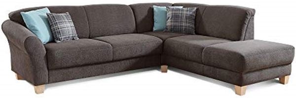 CAVADORE Ecksofa Gootlaand mit Ottomane rechts / Große Couch im Landhausstil / Inkl. Vorziehfunktion und Bettkasten / Mit Federkern / 257 x 84 x 212 / Dunkelgrau