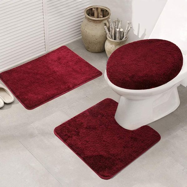ele ELEOPTION Badematte Set 3 teilig, Waschbar Badezimmerteppich, rutschfeste Badematte Toilettenmatte,Weich Saugfähige Badteppiche und WC Vorleger Duschvorleger (Weinrot)