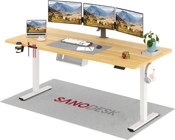 SANODESK Elektrischer Höhenverstellbarer Schreibtisch einfach mit Tischplatte, Memory Funktion und Haken, Schreibtisch Höhenverstellbar Elektrisch für Heimbüro, Homeoffice und Hause(200x80 cm, ahorn)
