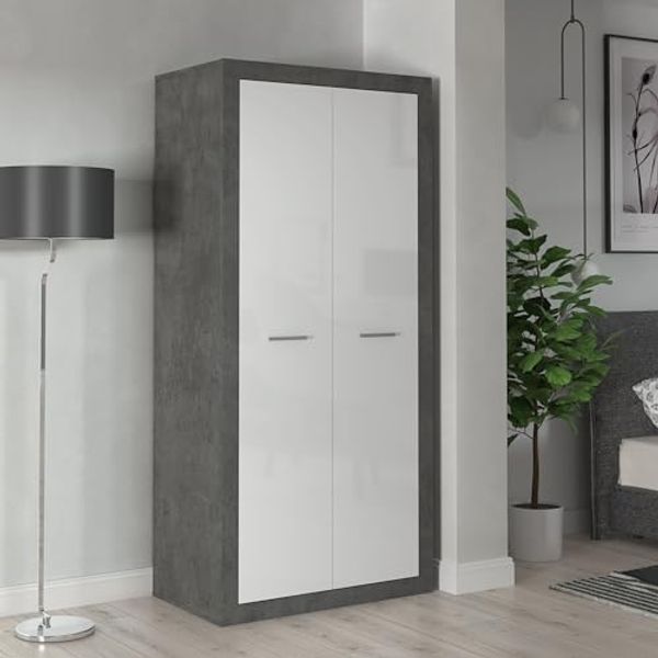FORTE TREBBIA Schrank 90 95, Kleiderschrank Industrial, Drehtürenschrank, 2-türig mit Einlegeböden und Kleiderstange, Weiß Hochglanz/Betonoptik Dunkelgrau, 91 cm breit x 197 cm hoch x 53.5 cm tief