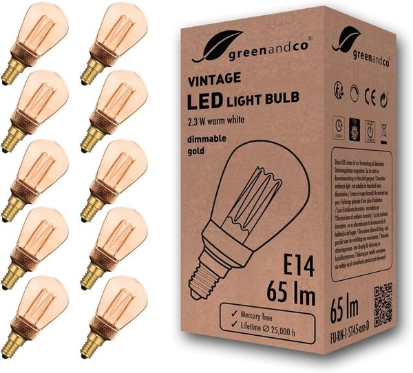 greenandco 10x LED Vintage Glühbirne zur Stimmungsbeleuchtung | dimmbar | E14 ST45 | gold | 2,3W 65lm | 1800K extra warmweiß | 320° | 230V | flimmerfrei | Edison Glühbirne