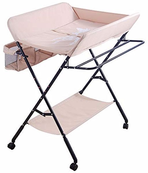 Klappbare Baby Wickelkommode, Wickeltisch mit Ablageflächern, Rollen, Kissen mit Höhenskala, 80 × 66 × (92-95-98) cm, Beige