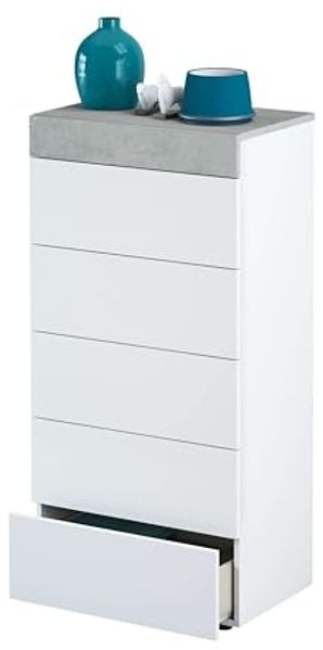 Habitdesign, Kommode mit 5 Schubladen – moderner Sinfonier in Artik weiß & Zementgrau, platzsparender Schubladenschrank für Schlafzimmer oder Büro, Maße: 61 x 118 x 40 cm (B x H x T), Modell Tekkan