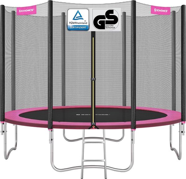 SONGMICS Trampolin Outdoor Ø 366 cm, rundes Gartentrampolin mit Randabdeckung, mit Sicherheitsnetz, mit Leiter und gepolsterten Stangen