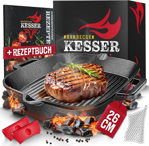 KESSER® Gusseisenpfanne | Gusseisen Bratpfanne Induktion | Cast Iron Pan für Gasgrill, Backofen, Kohlegrill | Steakpfanne voreingebrannt | Inkl. Schutzgriffe, Rezeptbuch und Ringreiniger Grillpfanne, 26 cm