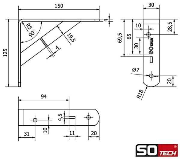 SO-TECH® Regalwange Regalkonsolen mit Querstrebe zur Stabilisierung, 150 x 125 x 30 mm, schwarz, pulverbeschichtet Bild 5