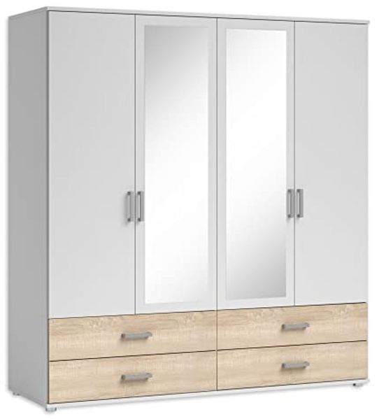 IVAR Kleiderschrank mit Spiegeln und Schubladen - Vielseitiger Drehtürenschrank 4-türig in Weiß, Eiche Sonoma Optik - 180 x 190 x 51 cm (B/H/T)