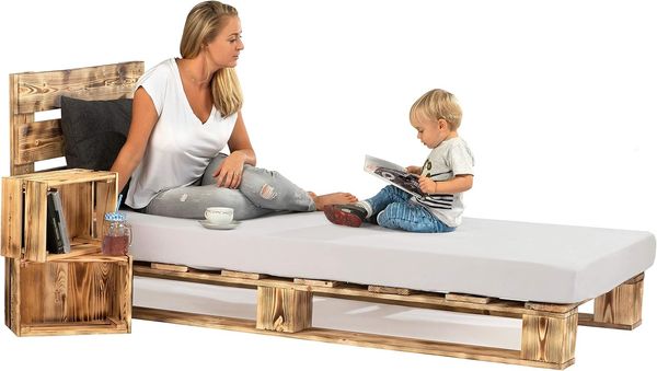 sunnypillow 100x200 cm Palettenbett mit Kopfteil Holzbett Massivholzbett Bett aus Paletten Palettenmöbel Geflammt Vintage europalette 80 90 100 120 140 160 180 200 220 240x200 cm