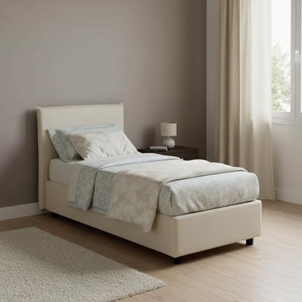 Talamo Italia - Catia-Einzelbett, Bettkasten mit Stoffbezug, 100 % Made in Italy, Öffnung vorne, inklusive Matratze 80x200 cm, Beige