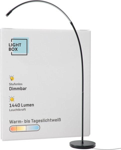 Lightbox LED Bogenstehlampe | 1,7 m Höhe | Stehleuchte mit Kopf-Schalter, dimmbar (CCT) | LED Lampe (1440 lm, 18 W) | Standleuchte auch als Schlafzimmer, Büro und Flur Lampe | aus Metall in Schwarz