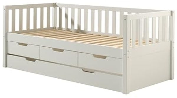 Kojen Bett Fritz mit Sprossenumrandung, 3 Schubladen u. Rolllattenrost, Liegefläche 90x200, inkl. Bettschublade, Ausf. Weiß lackiert Bild 6