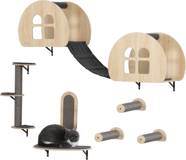 PawHut Katzen-Kletterwand 7-teilig, mit Sisalpfostenleiter, Plattform, Kratzbrett, Höhle, für Katzen bis zu 5 kg, Grau