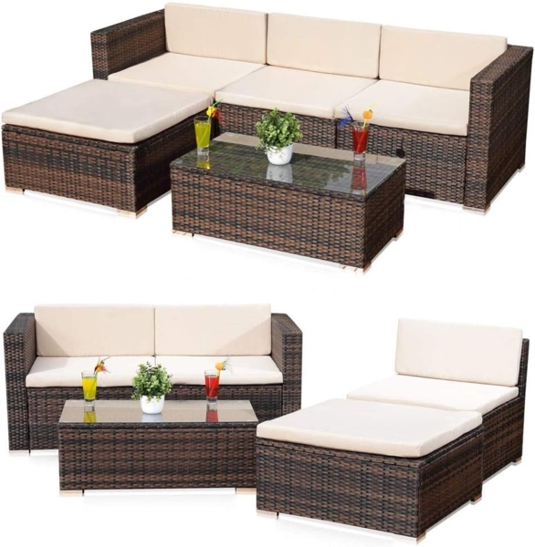 Melko Gartenlounge-Set Gartengarnitur Lounge Polyrattan 5tlg. Sitzgruppe Gartenset, (Set), Schraub-Ausgleich-Standfüße