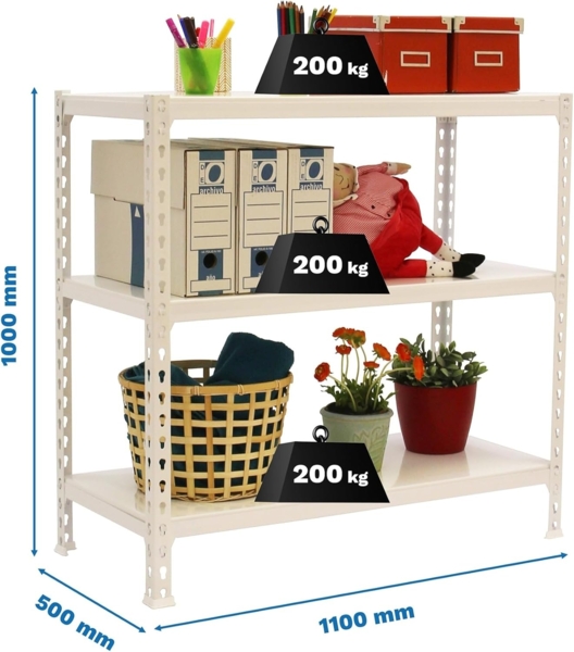 Simon Rack Schwerlastregal, 1000 x 1100 x 500 mm, Bis 200 kg Belastbar, 3 Verstellbare Ablagen, Kellerregal, Lagerregal, Weiss - Simonclick Bild 2