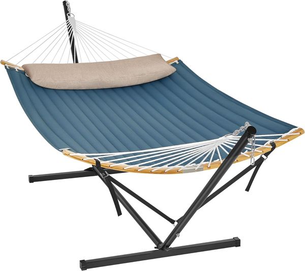 Songmics Hängematte mit Gestell und Kissen, bis 200 kg belastbar, Stahl schwarz / blau, 200x140 cm