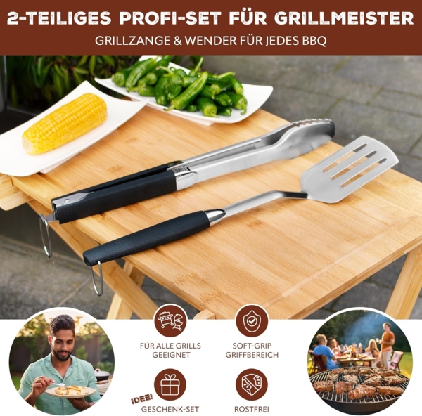 Grill-Besteck 2tlg. / Zange und Wender / langes Grillzubehör aus Edelstahl mit Softgriff Bild 2