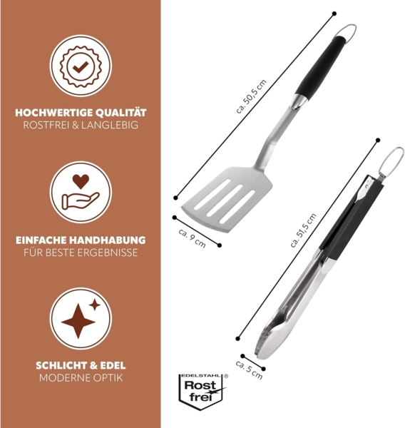 Grill-Besteck 2tlg. / Zange und Wender / langes Grillzubehör aus Edelstahl mit Softgriff Bild 7